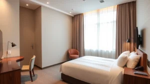 Modern contemporary hotel guest room with neutral tones, comfortable bed, work desk, and ambient lighting, showcasing upscale boutique interior design without visible text or signage