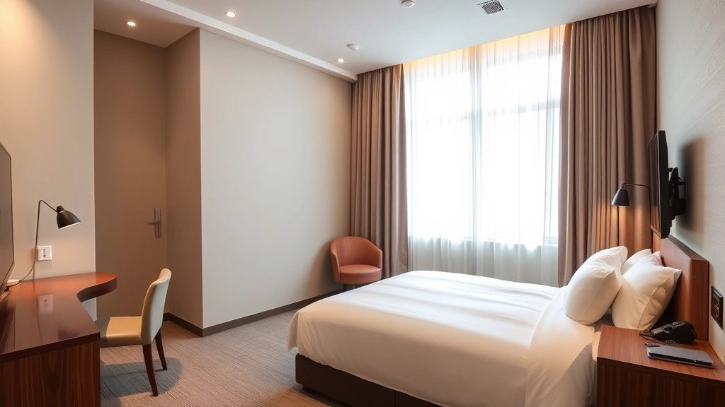Modern contemporary hotel guest room with neutral tones, comfortable bed, work desk, and ambient lighting, showcasing upscale boutique interior design without visible text or signage