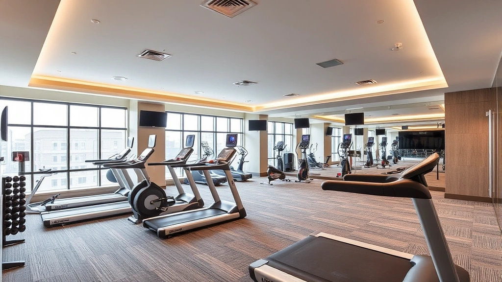 Hotel fitness center or wellness facility with modern exercise equipment, bright lighting, and clean contemporary design, featuring treadmills and weight training areas