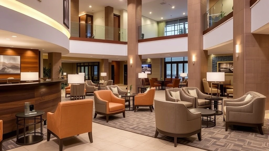 Hotel lobby or common area with modern furniture, contemporary architectural elements, comfortable seating areas, and welcoming ambiance, no visible text or identifying markers