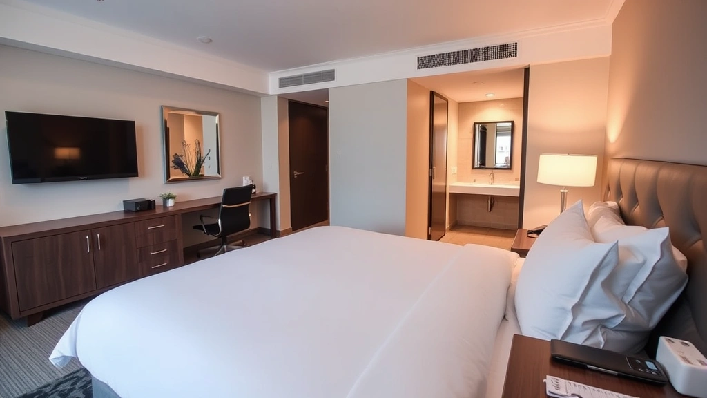 Spacious hotel guest room with king bed, work desk, flat-screen TV, modern bathroom visible, warm lighting, clean contemporary furnishings, business traveler amenities on desk