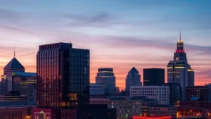 Modern downtown Minneapolis skyline at sunset with contemporary hotel building prominently featured, urban architecture, vibrant city lights reflecting off glass facades, professional photography style