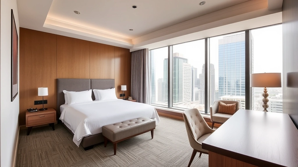 Sleek hotel room interior with contemporary furnishings, neutral color palette, premium bedding, modern desk workspace, floor-to-ceiling windows overlooking downtown cityscape, minimalist design aesthetic