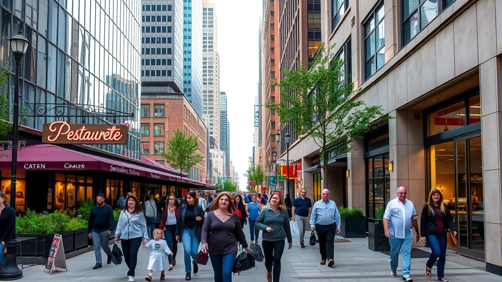 Downtown Minneapolis street scene with pedestrians walking past restaurants and shops, busy urban environment, sidewalk cafes, modern storefronts, daytime activity, accessible neighborhood atmosphere