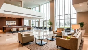 Modern hotel lobby with contemporary furniture, neutral tones, and large windows showing daylight, professional and welcoming atmosphere, no text visible