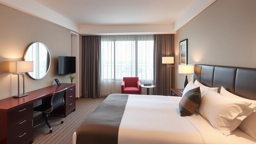 Spacious hotel guest room with king bed, modern bedding, desk workspace, flat-screen TV, contemporary decor, clean and bright lighting, no room numbers or identifying text