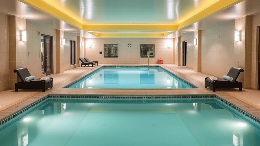 Indoor heated swimming pool with comfortable seating area, towels, neutral tile surroundings, bright lighting, no signage or text visible, relaxing resort-style ambiance
