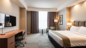 Modern upscale hotel room with contemporary furnishings, neutral color palette, comfortable king bed with quality linens, sleek desk area, and large window showing natural light in a residential-style setting