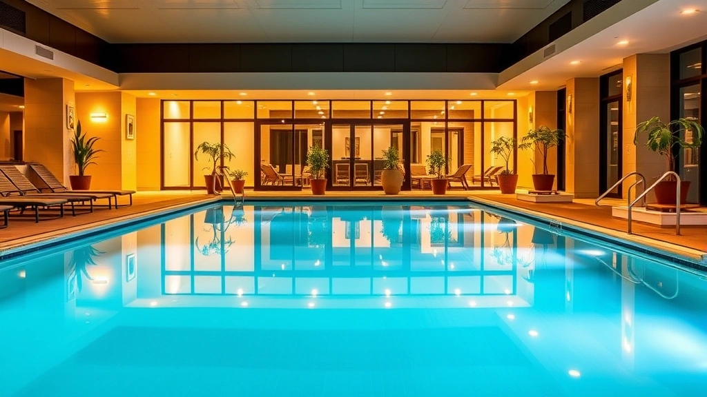 Indoor heated swimming pool with clear blue water, lounge chairs, potted plants, and modern architectural elements reflecting contemporary hotel design, warm ambient lighting
