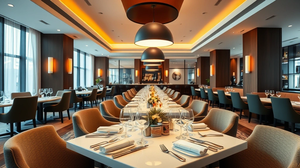 Elegant hotel restaurant dining area with contemporary place settings, modern pendant lighting, comfortable seating, and warm inviting atmosphere suitable for breakfast or dinner service