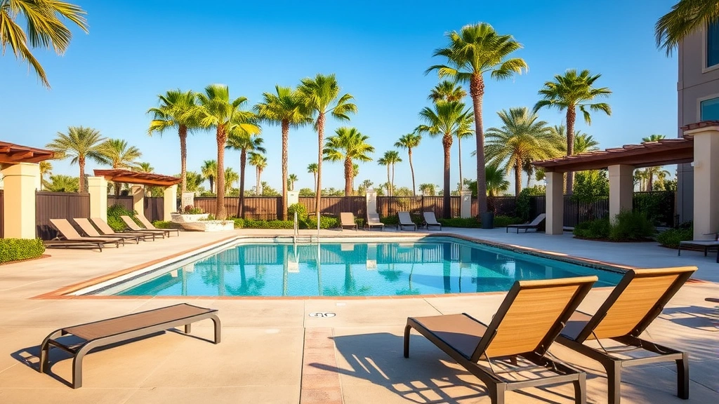 Outdoor heated swimming pool area with lounge chairs, surrounding landscaping, modern pool design, afternoon sunlight, resort-style relaxation space, clear blue water, palm trees in background, inviting vacation setting