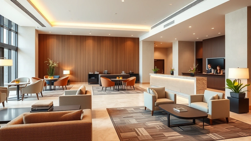 Modern hotel lobby with contemporary design, neutral color palette, comfortable seating areas, and professional hospitality staff at front desk - residential hospitality setting