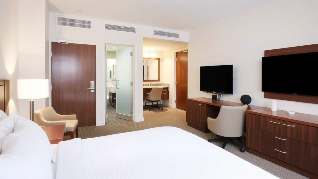 Spacious hotel guest room featuring premium bedding, modern furniture, flat-screen television, work desk with task lighting, and clean contemporary bathroom visible through open door