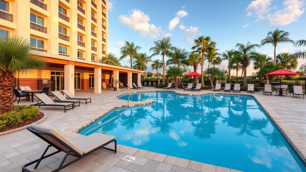 Hotel outdoor pool area with lounge chairs, landscaping, palm trees, and covered seating areas under clear Florida sky during daytime