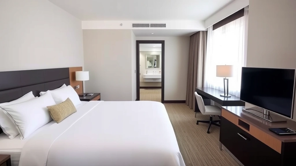 Modern hotel room with king bed, flat-screen TV, work desk, contemporary lighting, neutral color palette, clean bathroom visible through doorway, bright natural light from window