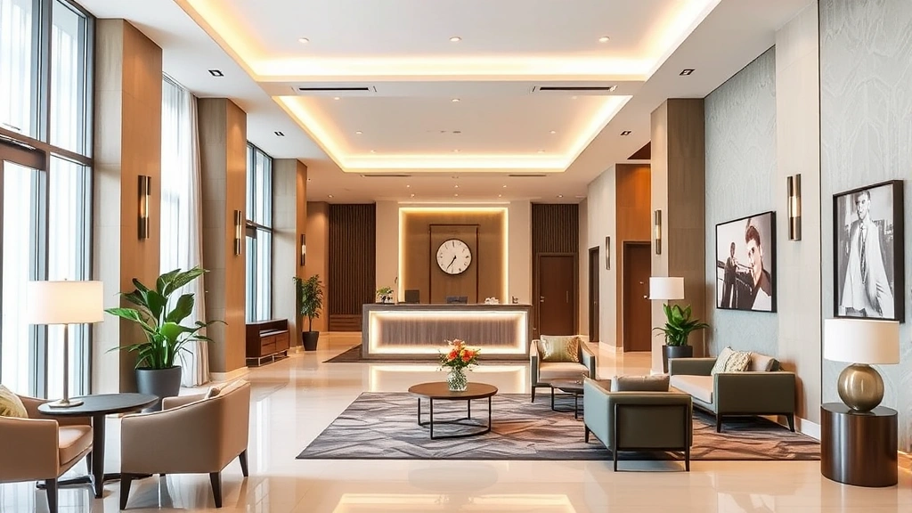 Hotel lobby entrance with contemporary design, welcoming front desk area, modern furniture, neutral tones, professional hospitality setting, clean and bright interior space