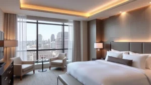 Modern hotel room with king bed, contemporary furnishings, large windows overlooking Philadelphia skyline, neutral color palette with accent lighting, clean and spacious interior