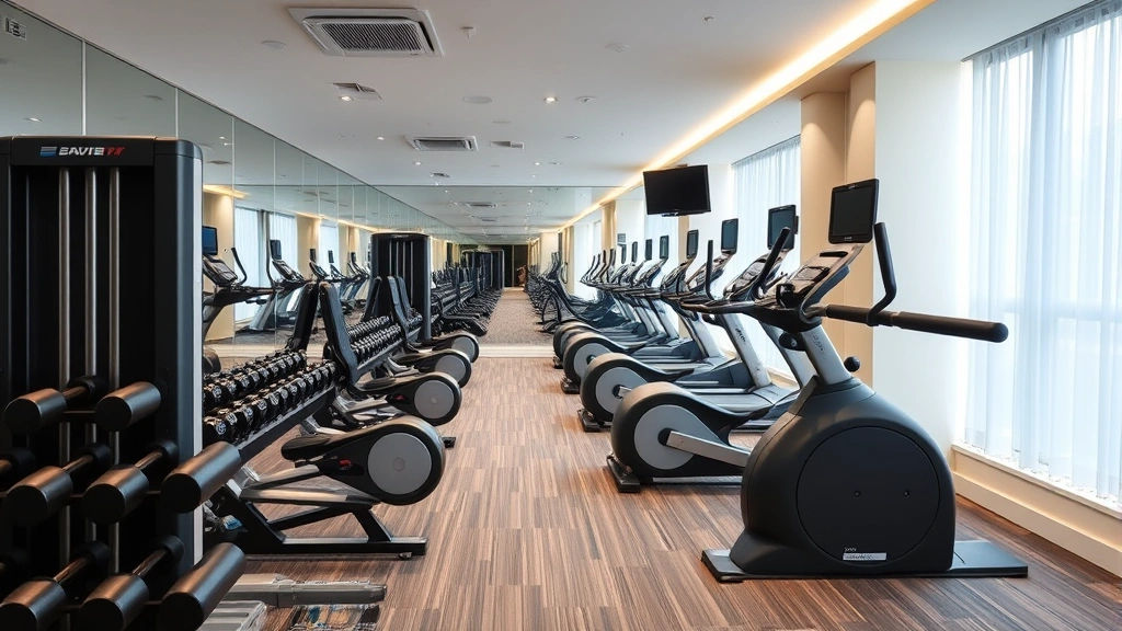 Hotel fitness center with modern equipment, cardio machines, free weights, mirrors, bright lighting, professional gym atmosphere, no people visible