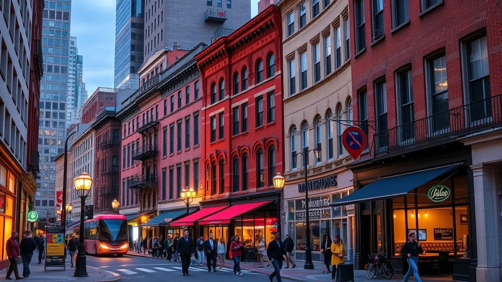Downtown Philadelphia street scene with historic buildings, pedestrians walking, restaurants and shops, evening lighting, urban neighborhood energy, building exteriors and streetscape