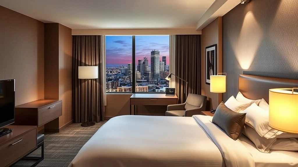 Modern hotel room with contemporary furnishings, comfortable bed with quality linens, work desk by window overlooking Phoenix skyline, neutral color palette with accent lighting