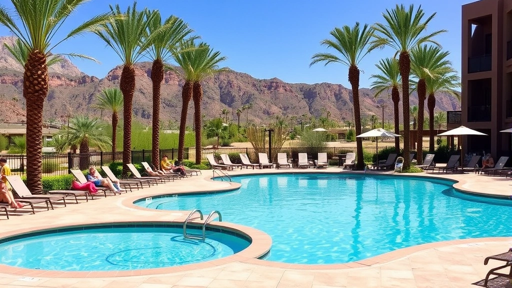Resort-style outdoor swimming pool with lounge chairs, palm trees, clear blue water, Phoenix desert landscape in background, guests relaxing poolside on sunny day