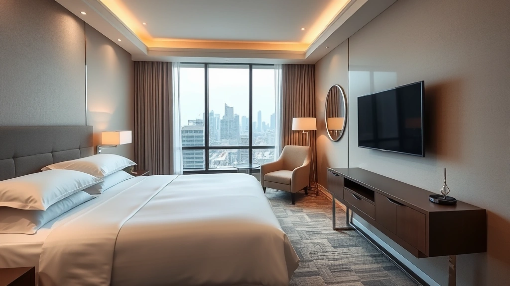 Modern hotel bedroom interior featuring contemporary furnishings, neutral beige and gray color scheme, premium bedding with layered pillows, flat-screen television on wall, comfortable seating chair, floor-to-ceiling windows with city views, minimalist design aesthetic, professional business traveler environment, upscale mid-range accommodation