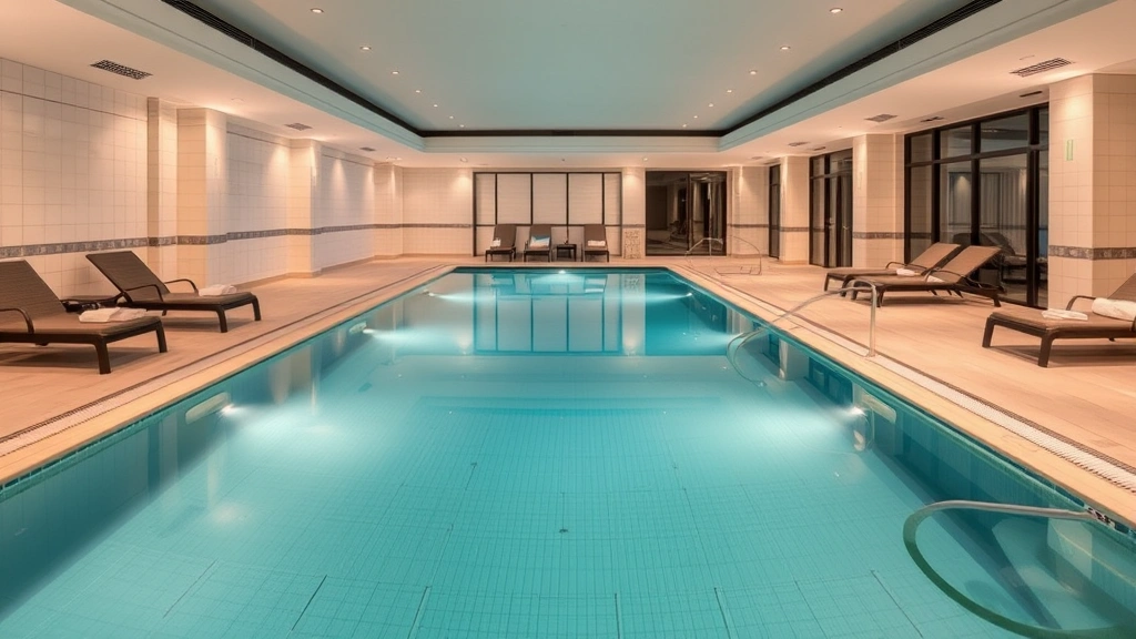 Upscale hotel indoor swimming pool with crystal-clear water, modern tiling, comfortable lounge chairs, ambient lighting, clean maintenance standards, relaxation area with towels, contemporary pool house design, warm inviting atmosphere, wellness amenity showcase, year-round recreation facility