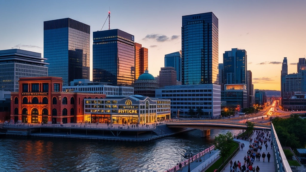 Downtown Pittsburgh urban landscape at dusk showing modern high-rise buildings, riverfront promenade with pedestrians, contemporary architecture, evening city lights reflecting on water, cultural district theaters, bustling street-level activity, urban walkability demonstration, vibrant downtown atmosphere, tourist and business district environment
