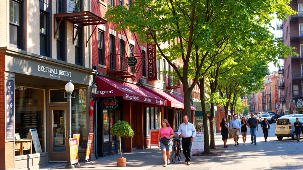Vibrant Brooklyn street scene with independent restaurants, coffee shops, and retail storefronts, pedestrians walking, tree-lined sidewalk, afternoon sunlight, authentic neighborhood atmosphere