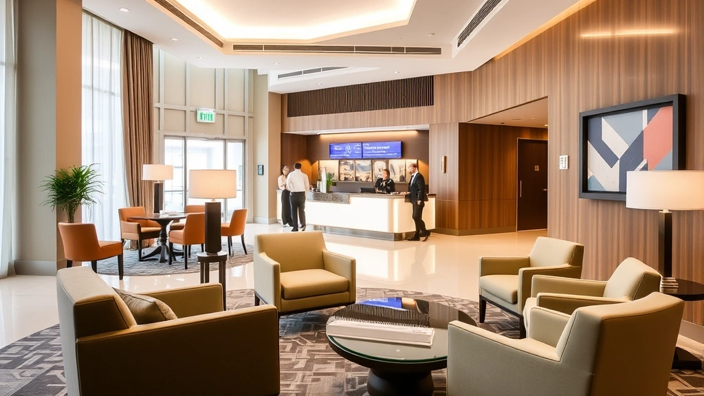 Comfortable hotel lobby with modern seating area, check-in desk, bright lighting, welcoming entrance, contemporary decor, guests and staff visible, professional hospitality environment