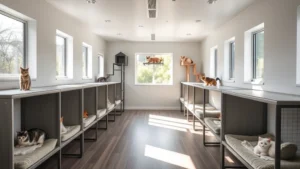 Spacious, modern cat boarding suite with individual compartments, climbing structures, window perches, and natural light streaming through windows; multiple comfortable beds visible; clean, minimalist design