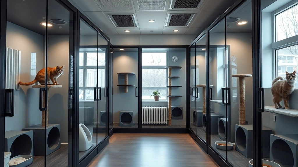 Modern cat hotel facility interior showing multiple individual suites with glass partitions, climbing trees, window access, litter boxes, and fresh food/water bowls; well-lit, climate-controlled environment