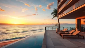 Serene oceanfront hotel terrace at sunset with lounge chairs, calm Pacific waters, and sandy beach visible below, no people, photorealistic residential coastal architecture