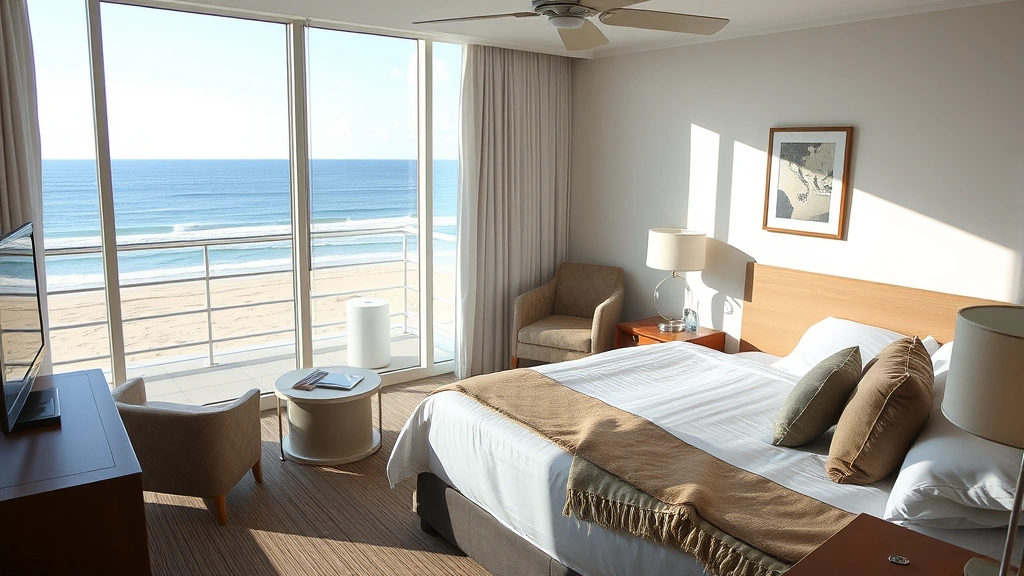 Cozy beachside hotel room interior with ocean view through large windows, comfortable furnishings, modern décor, natural light, inviting bed setup, no people visible