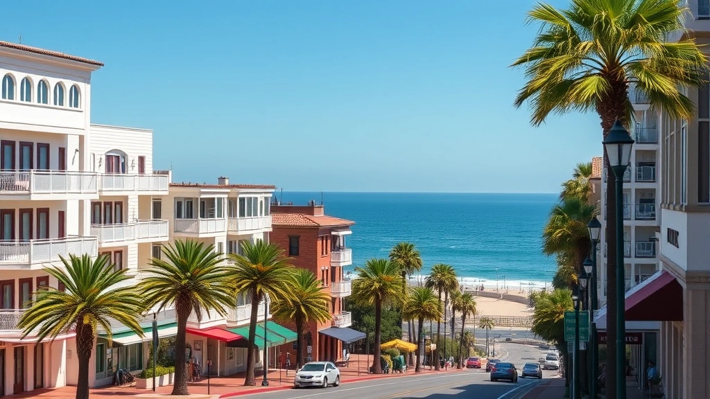 Scenic coastal town street with charming hotel buildings, palm trees, ocean glimpse in distance, walkable downtown area, bright daylight, no visible signage or text