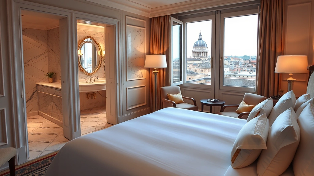 Luxurious hotel suite in Rome with elegant furnishings, marble bathroom visible through open door, warm ambient lighting, crisp white linens on king bed, windows overlooking historic Roman rooftops and distant dome architecture