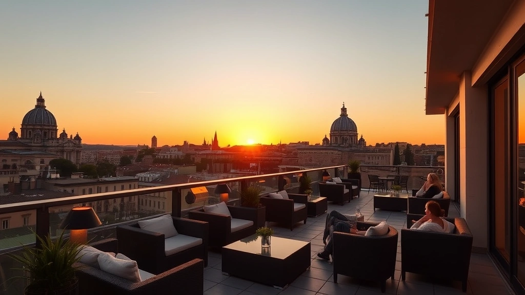 Modern hotel rooftop terrace in Rome at golden hour sunset, comfortable lounge seating, soft lighting, historic monuments and city buildings silhouetted against warm orange sky, guests relaxing in background