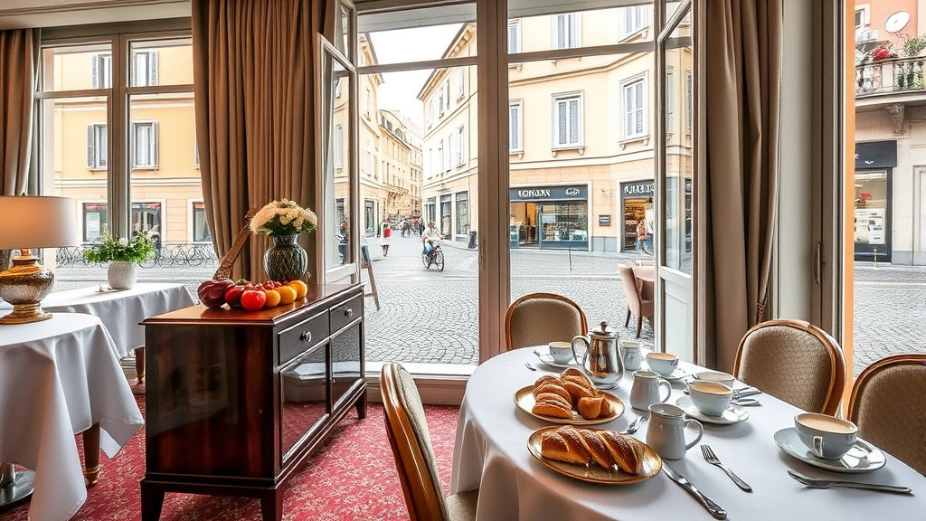 Inviting hotel breakfast room in Rome with white tablecloths, fresh Italian pastries and fruits displayed on sideboard, espresso cups, large windows showing charming cobblestone street and traditional Roman architecture outside