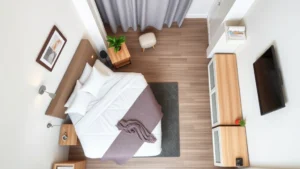 Overhead view of a clean, modern budget motel room in Austin with queen bed, simple furnishings, and neutral decor - photorealistic residential accommodation space