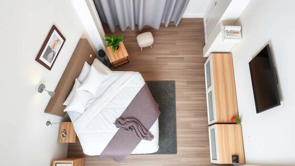 Overhead view of a clean, modern budget motel room in Austin with queen bed, simple furnishings, and neutral decor - photorealistic residential accommodation space