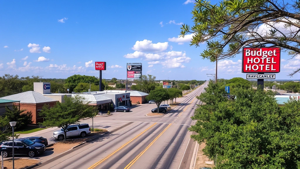 Wide shot of a suburban Austin street with several budget hotel chain buildings and parking lots visible, trees lining the road, typical commercial corridor landscape