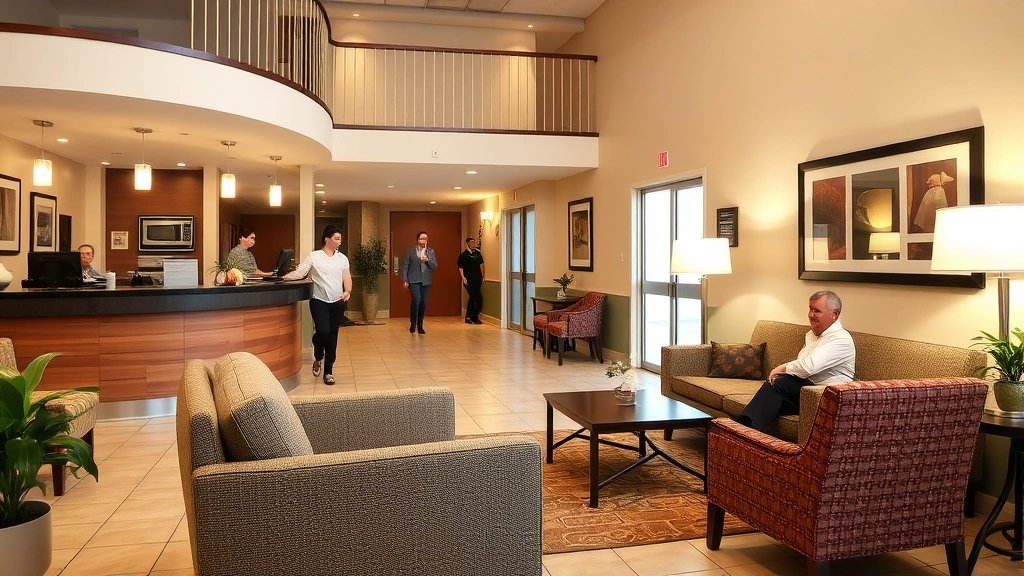 Cozy hotel lobby with comfortable seating area, warm lighting, and welcoming front desk. Guests checking in and relaxing in clean, organized space with friendly atmosphere. Practical furnishings and clear wayfinding demonstrating accessible budget accommodation design.