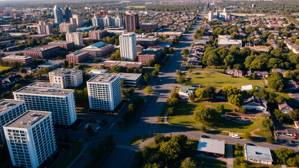 Aerial view of diverse Atlanta neighborhood with mix of hotel buildings, residential streets, and green spaces. Morning sunlight casting shadows across suburban area showing accessible transportation corridors and peaceful residential character near commercial zones.