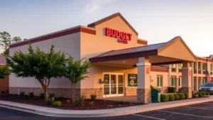 Modern budget hotel exterior with clean facade, well-maintained landscaping, and welcoming entrance in Charlotte suburban area during daytime, showing typical economy chain property standards