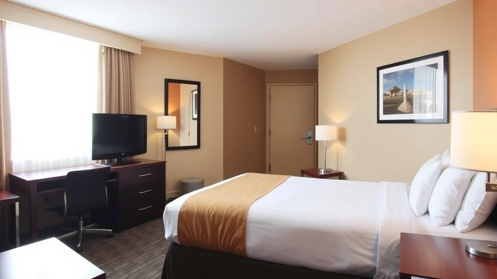 Comfortable hotel room interior featuring queen bed with clean linens, functional desk, flat-screen TV, and bright natural lighting from window, representing quality budget accommodations