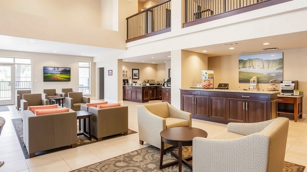 Hotel lobby and reception area with comfortable seating, contemporary decor, complimentary breakfast station with beverages and pastries, and professional front desk setup in well-lit space