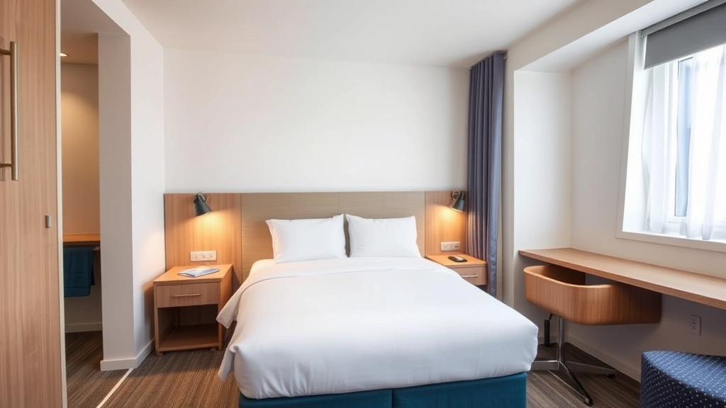 Modern budget hotel room with clean queen bed, bright white linens, functional nightstands, and contemporary lighting. Compact but well-organized layout showing efficient use of space. Neutral color palette with blue accents. Photorealistic, daytime interior shot.