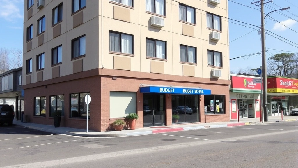 Budget hotel exterior showing mid-range accommodation building with multiple room windows, clean facade, small parking area with a few vehicles, and surrounding commercial area with other businesses visible. Daytime photograph, clear weather, professional appearance.