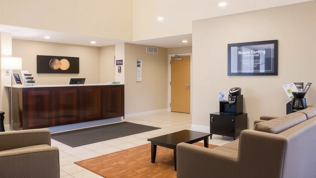 Hotel lobby or front desk area of budget accommodation showing check-in counter, comfortable seating area, complimentary coffee station, and informational brochures. Welcoming, clean, professional environment with bright lighting and neutral decor. No visible text on signage.