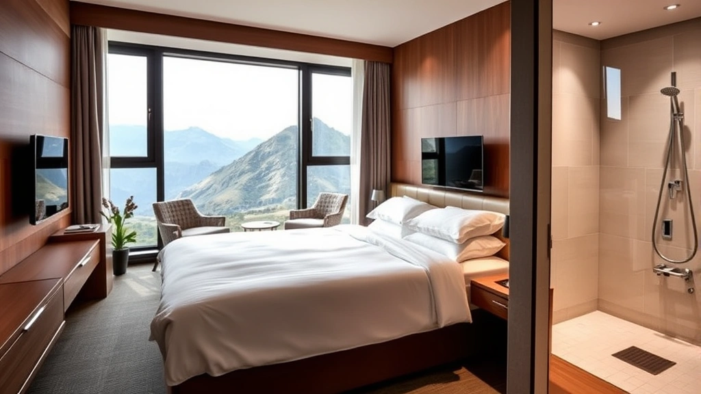 Modern hotel room interior with contemporary furnishings, large window overlooking mountain scenery, comfortable bed with white linens, spacious bathroom with rainfall showerhead visible in background